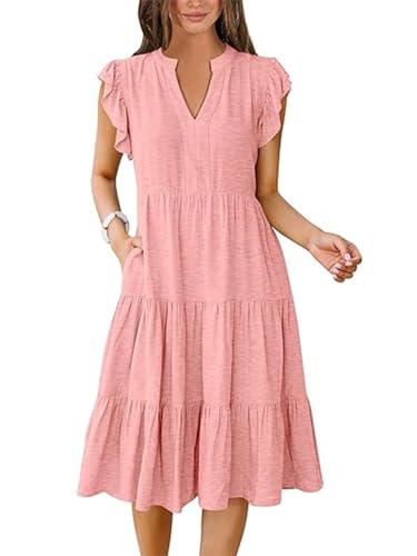 SHEKINI Damen Kleid Kurzarm V-Ausschnitt Fließende mit Falten Strandkleid A Linie Sommerkleid Lang Freizeitkleid Casual Midikleid Mit Taschen Lässig Dress von SHEKINI