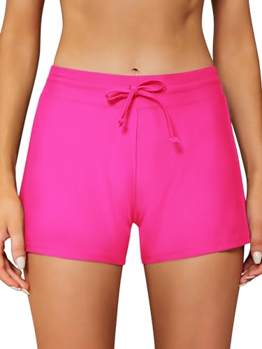 SHEKINI Damen Kurz Boxershorts mit Seitlichem Split Tankini Badeshorts Badehose Sommer Einstellbarer Bikinihose Sporty Schwimmshorts（2XL,Fluoreszierendes Rosa） von SHEKINI