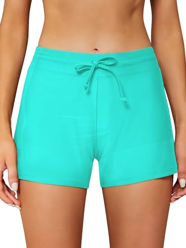 SHEKINI Damen Kurz Boxershorts mit Seitlichem Split Tankini Badeshorts Badehose Sommer Einstellbarer Bikinihose Sporty Schwimmshorts（L,Grün） von SHEKINI