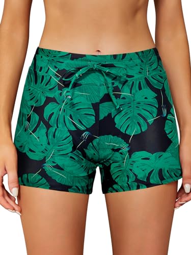 SHEKINI Damen Kurz Boxershorts mit Seitlichem Split Tankini Badeshorts Badehose Sommer Einstellbarer Bikinihose Sporty Schwimmshorts（M,Grüne Blätter HDY） von SHEKINI