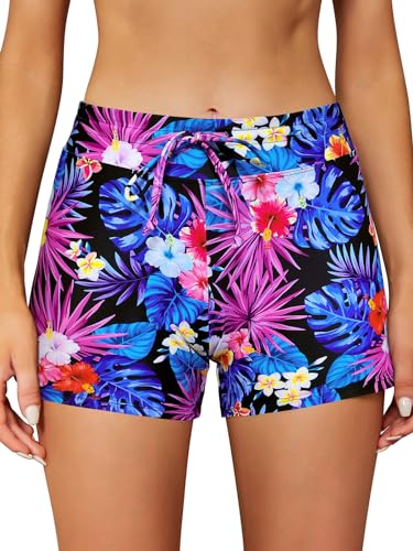 SHEKINI Damen Kurz Boxershorts mit Seitlichem Split Tankini Badeshorts Badehose Sommer Einstellbarer Bikinihose Sporty Schwimmshorts（M,Schwarz HDC） von SHEKINI