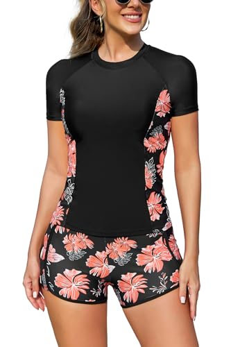 SHEKINI Damen Kurzarm Rash Guard 2 Stück Badeanzug Shirt Strandmode mit Boardshorts(schwarz+orange Blume, Medium) von SHEKINI