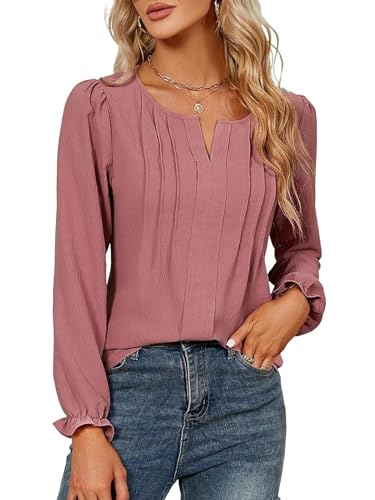 SHEKINI Damen Langarm Puffärmeln Chiffon Bluse Stehkragen Rundhals V-Ausschnitt Plissee HemdbluseElegant Einfarbig Plissiert Lang Ärmel Damenhemd von SHEKINI