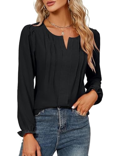SHEKINI Damen Langarm Puffärmeln Chiffon Bluse Stehkragen Rundhals V-Ausschnitt Plissee HemdbluseElegant Einfarbig Plissiert Lang Ärmel Damenhemd von SHEKINI
