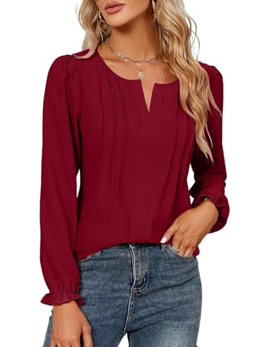SHEKINI Damen Langarm Puffärmeln Chiffon Bluse Stehkragen Rundhals V-Ausschnitt Plissee HemdbluseElegant Einfarbig Plissiert Lang Ärmel Damenhemd von SHEKINI
