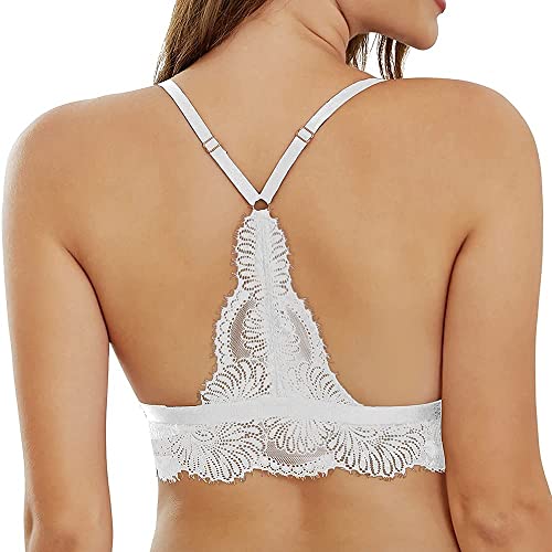 SHEKINI Damen Mädchen BH mit Verschluss Vorne, Abnehmbare Gepolstert Spitze Bralette ohne Bügel Triangle-BH Sexy Unterwäsche Verstellbarer Schultergurt,Weiß,M von SHEKINI