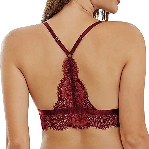 SHEKINI Damen Mädchen BH mit Verschluss Vorne, Abnehmbare Gepolstert Spitze Bralette ohne Bügel Triangle-BH Sexy Unterwäsche Verstellbarer Schultergurt,Weinrot,XL von SHEKINI