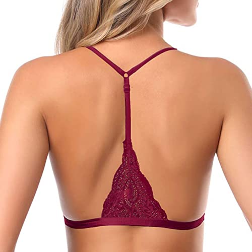 SHEKINI Damen Mädchen BH mit Verschluss vorne, Spitzen Racerback Spitzen BH Triangel Bralette Padded Unterwäsch Bustier Crop Dessous Bralette Top (M, Weinrot) von SHEKINI