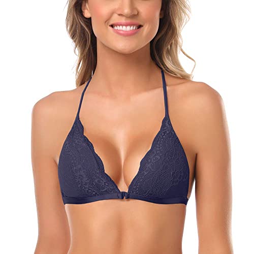 SHEKINI Damen Mädchen BH mit Verschluss vorne, Spitzen Racerback Spitzen BH Triangel Bralette Padded Unterwäsch Bustier Crop Dessous Bralette Top (XL, Navy blau) von SHEKINI