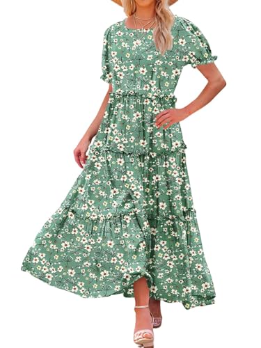 SHEKINI Damen Maxikleid Lange Split Sommer Floral Strandwear Kleid Hohe Taille mit kurzen Ärmeln Blumenkleid Sommerkleid Damen Elegant (S-2XL) von SHEKINI