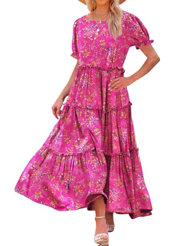 SHEKINI Damen Maxikleid Lange Split Sommer Floral Strandwear Kleid Hohe Taille mit kurzen Ärmeln Blumenkleid Sommerkleid Damen Elegant (S-2XL) von SHEKINI