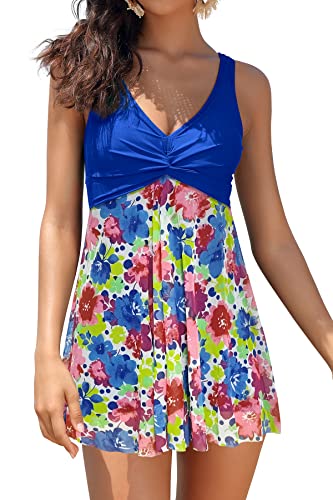 SHEKINI Damen Mesh Einteilige Badeanzug Badekleid Ruched Bauchweg V-Ausschnitt mit Brustpolstern Schwimmkleid Große Größe Baderock Badeanzugkleid（S, C-Königsblau） von SHEKINI
