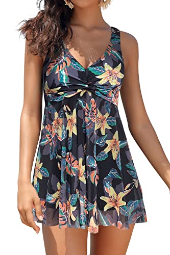 SHEKINI Damen Mesh Einteilige Badeanzug Badekleid Ruched Bauchweg V-Ausschnitt mit Brustpolstern Schwimmkleid Große Größe Baderock Badeanzugkleid(XS, C-Schwarz HD von SHEKINI