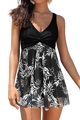 SHEKINI Damen Mesh Einteilige Badeanzug Badekleid Ruched Bauchweg V-Ausschnitt mit Brustpolstern Schwimmkleid Große Größe Baderock Badeanzugkleid(XS,C-schwarz) von SHEKINI