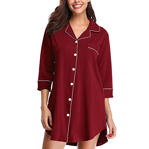 SHEKINI Damen Nachthemd aus Baumwolle Mittellange-Ärmels im Lässigen Boyfriend-Schnitt mit Umlegekragen V Ausschnitt Knopfleiste Pyjamas Tops Elegant Shirt Homewear Schlafanzug(M, Weinrot) von SHEKINI