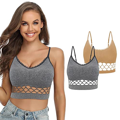 SHEKINI Damen Nahtlose Komfort Gepolsterte Bra BH Bustier mit Spitze Push up Yoga Stretch Ohne Bügel Sports BH Yoga Bra Top für Yoga Fitness-Training 2er Pack, Aprikose-Grau, XL von SHEKINI