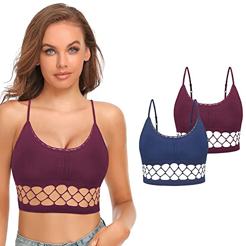 SHEKINI Damen Nahtlose Komfort Gepolsterte Bra BH Bustier mit Spitze Push up Yoga Stretch Ohne Bügel Sports BH Yoga Bra Top für Yoga Fitness-Training 2er Pack, Navy-Burgundy, M/L von SHEKINI