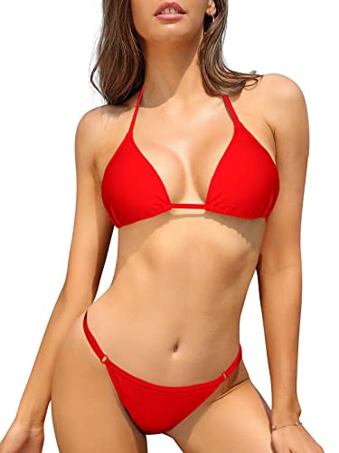 SHEKINI Damen Neckholder-Bikini-Set, gepolstert, dreieckig, rückenfrei, niedrige Taille, freche Bikinihose, sexy, 2-teilige Badeanzüge, rot, XS von SHEKINI