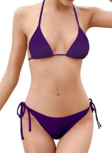 SHEKINI Bikini Damen Set Sexy Klassischer Triangel Rückenfrei Bikinioberteil Verstellbare Zweiteiliger Badeanzug Niedrige Taille Ruched Bikinihose für Frauen（S, Lila） von SHEKINI