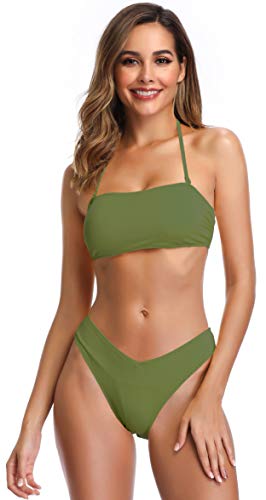 SHEKINI Frauen 2-teilige Badeanzüge gerippte Schnürung bis Trägerlose Bandeau Bikini Set High Cut BadeanzügeSuits (Erbsengrün, M) von SHEKINI