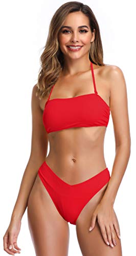 SHEKINI Frauen 2-teilige Badeanzüge gerippte Schnürung bis Trägerlose Bandeau Bikini Set High Cut BadeanzügeSuits (Rot, M) von SHEKINI