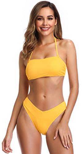 SHEKINI Frauen 2-teilige Badeanzüge gerippte Schnürung bis Trägerlose Bandeau Bikini Set High Cut BadeanzügeSuits (Gelb, S) von SHEKINI