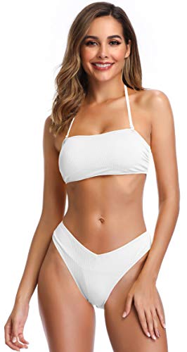 SHEKINI Damen Bikinis Set Rückenfrei Charmant Bandeau Bikini Bikinioberteil Verstellbarer Ties up Zweiteiliger Badeanzug Chic Bikinihose Strandbikini (XL, Weiß) von SHEKINI