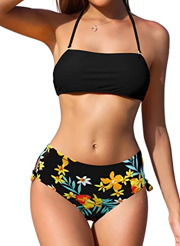 SHEKINI Damen Bikini Set Rückenfrei Bandeau Verstellbarer Neckholder Bikinioberteil Elegant Zweiteiliger Badeanzug Hohe Taille Bikinihose Bademode(Medium, Blumendruck-Schwarz) von SHEKINI