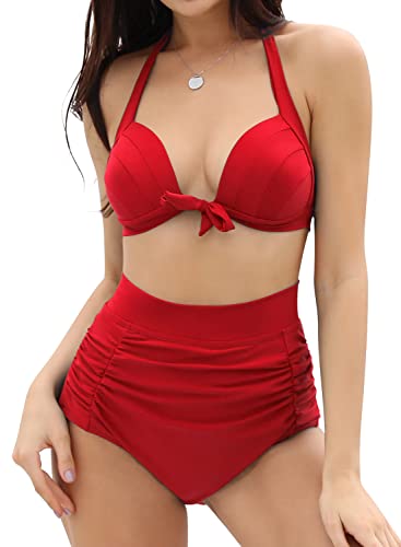 SHEKINI Damen Bikini Set Rückenfrei Elegant Neckholder Bikinioberteil Ruched Bauchweg High Waist Bikinihose Retro Zweiteiliger Badeanzug (Medium, Rot) von SHEKINI