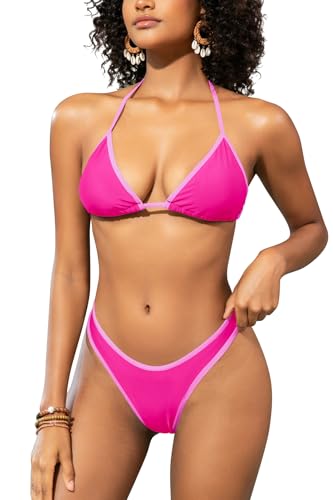 SHEKINI Damen Neckholder String Triangel Bikini Sets V-Ausschnitt Hoch tailliert Bademode Tanga Brasilianische Badeanzüge (L, Fluoreszierendes Rosa) von SHEKINI