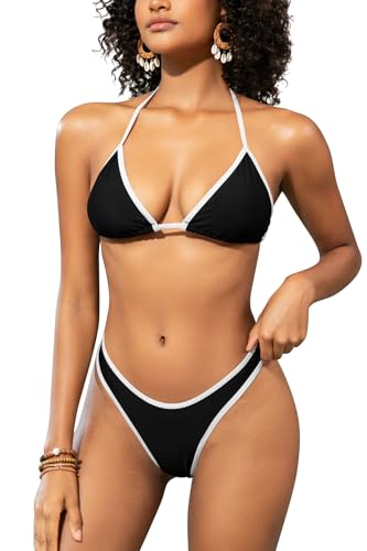 SHEKINI Damen Neckholder String Triangel Bikini Sets V-Ausschnitt Hoch tailliert Bademode Tanga Brasilianische Badeanzüge (S, Schwarz) von SHEKINI