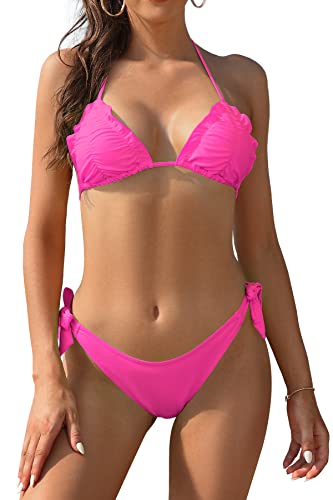 SHEKINI Damen Neckholder Triangle Tie-up Rückenfrei Bikini Oberteil mit Verstellbarer Niedrige Taille Bikinihose Zweiteiliger Badeanzug （S,Fluoreszierendes Rosa von SHEKINI