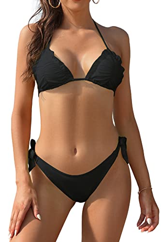 SHEKINI Damen Neckholder Triangle Tie-up Rückenfrei Bikini Oberteil mit Verstellbarer Niedrige Taille Bikinihose Zweiteiliger Badeanzug (S,Schwarz A SHEKINI Damen Neckholder Triangle Tie-up Rückenfrei Bikini Oberteil mit Verstellbarer Niedrige Taille Bikinihose Zweiteiliger Badeanzug (S,Schwarz A von SHEKINI