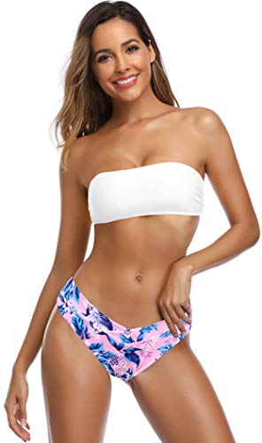 SHEKINI Bikini Set Damen Verstellbar Bandeau Bikini Oberteil Rückenfrei Zweiteiliger Badeanzug Bedruckte Bikinihose (Large, B-Weiß) von SHEKINI