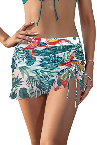 SHEKINI Damen Nettogarn Elegant Bademode Kurze Rock Bikinirock Eingebaut Bikinihose Sportrock Tunnelzug Schwimmrock Strandbikini（L, Blätter C） von SHEKINI