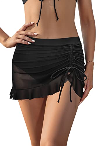 SHEKINI Damen Nettogarn Elegant Bademode Kurze Rock Bikinirock Eingebaut Bikinihose Sportrock Tunnelzug Schwimmrock Strandbikini（M, Schwarz C） von SHEKINI