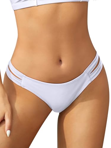 SHEKINI Damen Niedrige Taille Bikini Bottom Bademode Tanga Bikinihose Chic Aushöhlen Brazilian Bikini Slip (S,Weiß) von SHEKINI