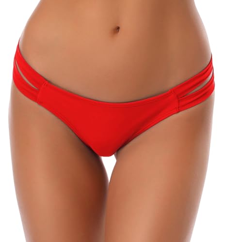 SHEKINI Damen Niedrige Taille Bikini Bottom Bademode Tanga Bikinihose Chic Aushöhlen Brazilian Bikini Slip (XS,Rot) von SHEKINI