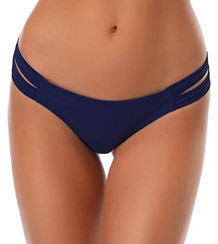 SHEKINI Damen Niedrige Taille Bikini Bottom Bademode Tanga Bikinihose Chic Aushöhlen Brazilian Bikini Slip (L,Dunkelblau) von SHEKINI