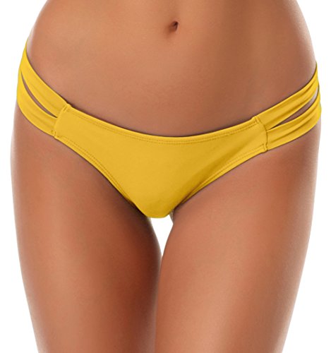 SHEKINI Damen Niedrige Taille Bikini Bottom Bademode Tanga Bikinihose Chic Aushöhlen Brazilian Bikini Slip (L,Gelb) von SHEKINI