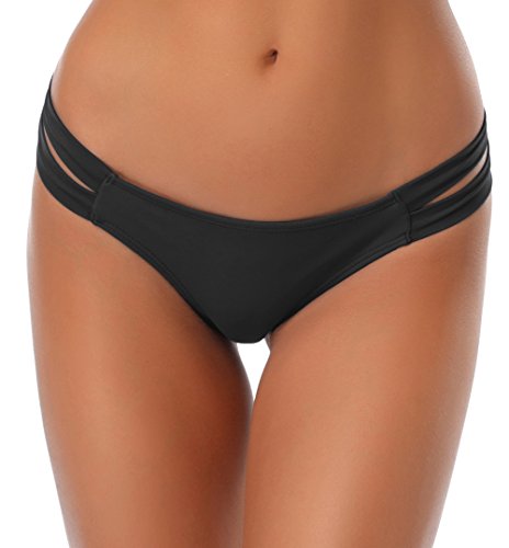SHEKINI Damen Niedrige Taille Bikini Bottom Bademode Tanga Bikinihose Chic Aushöhlen Brazilian Bikini Slip (L,Schwarz) von SHEKINI