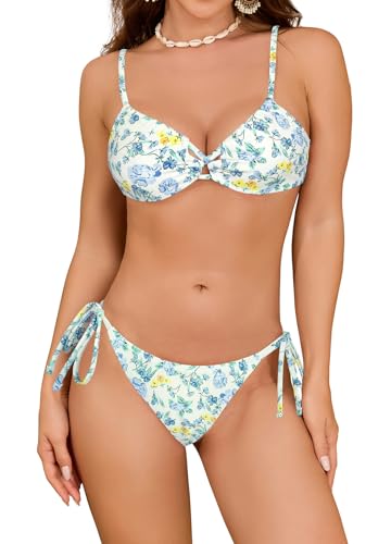SHEKINI Damen Niedriger Kragen Schnürschuh Bikini Set Badeanzug Rückenfrei Spaghettiträger Cutout Bedruckter Zweiteiliger Bademode（XL,Hellgelb Blumendruck） von SHEKINI