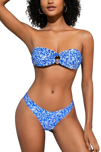 SHEKINI Damen O-Ring Schnürschuh Bandeau Bikini Set Badeanzug Rückenfrei Trägerlos Sexy Strandkleidung High Cut Zweiteiliger Bademode（L,Blau Blumendruck） von SHEKINI