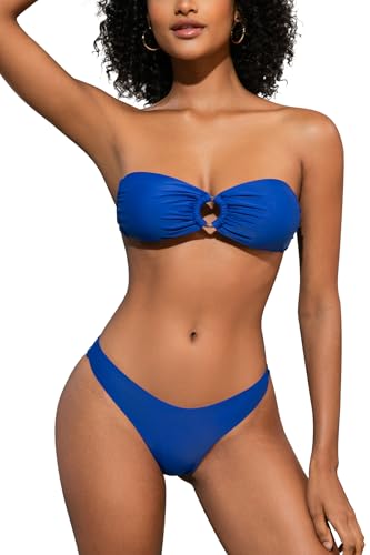SHEKINI Damen O-Ring Schnürschuh Bandeau Bikini Set Badeanzug Rückenfrei Trägerlos Sexy Strandkleidung High Cut Zweiteiliger Bademode（L,Königsblau） von SHEKINI