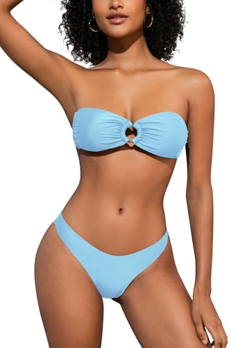 SHEKINI Damen O-Ring Schnürschuh Bandeau Bikini Set Badeanzug Rückenfrei Trägerlos Sexy Strandkleidung High Cut Zweiteiliger Bademode（M,Hellblau） von SHEKINI