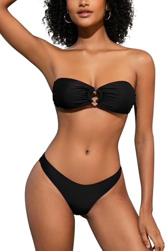 SHEKINI Damen O-Ring Schnürschuh Bandeau Bikini Set Badeanzug Rückenfrei Trägerlos Sexy Strandkleidung High Cut Zweiteiliger Bademode（M,Schwarz） von SHEKINI