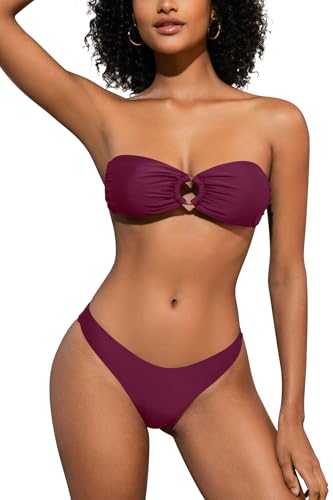 SHEKINI Damen O-Ring Schnürschuh Bandeau Bikini Set Badeanzug Rückenfrei Trägerlos Sexy Strandkleidung High Cut Zweiteiliger Bademode（M,Traubenviolett） von SHEKINI
