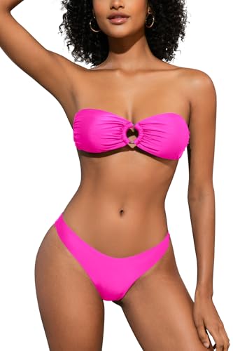 SHEKINI Damen O-Ring Schnürschuh Bandeau Bikini Set Badeanzug Rückenfrei Trägerlos Sexy Strandkleidung High Cut Zweiteiliger Bademode（S,Fluoreszierendes Rosa） von SHEKINI