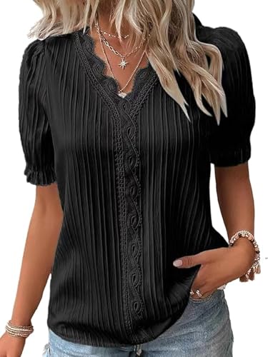 SHEKINI Damen Oberteil Sommer Blusen T Shirt Casual Elegant Basic Blusenshirt Kurzarm Bluse Tops Locker V Ausschnitt Einfarbige Sommerblusen von SHEKINI