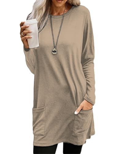 SHEKINI Damen Oberteile Langarm Große Größen Longbluse Elegante Lässig Langarmshirt Casual Rundhalsausschnitt Locker Longshirt mit Taschen Tunika von SHEKINI